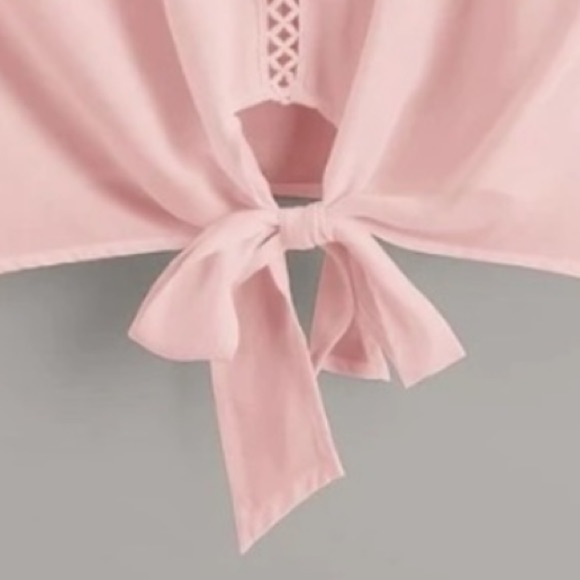 Pink Silky Eyelet Cross Pattern Down The Front W/Tied Front Lace Cami Top - Picture 6 of 7